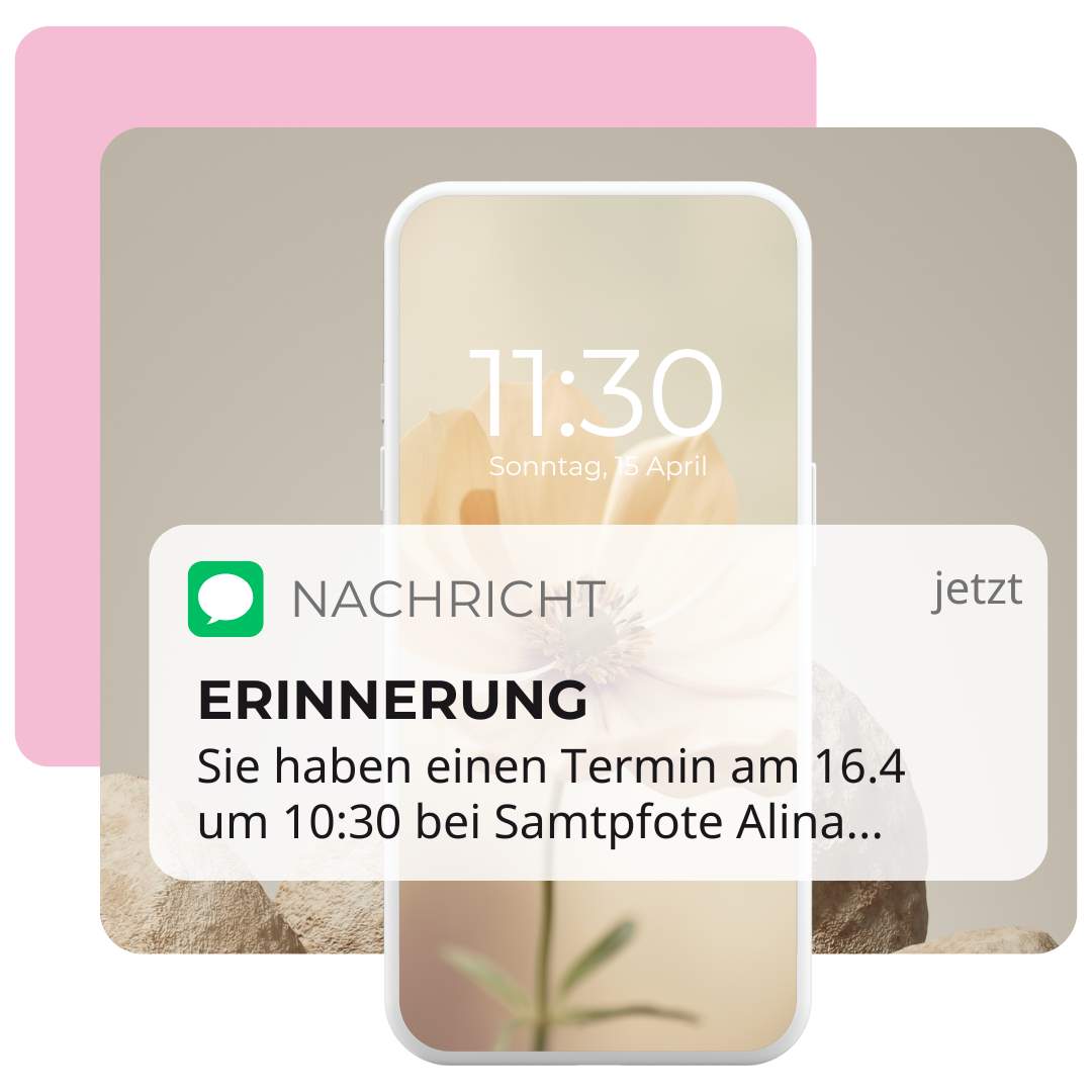 Ein Smartphone zeigt eine Terminerinnerung als Nachricht. Die Benachrichtigung informiert über einen bevorstehenden Termin im Hundesalon mit Datum und Uhrzeit. Der Hintergrund ist in zarten Farben gehalten.